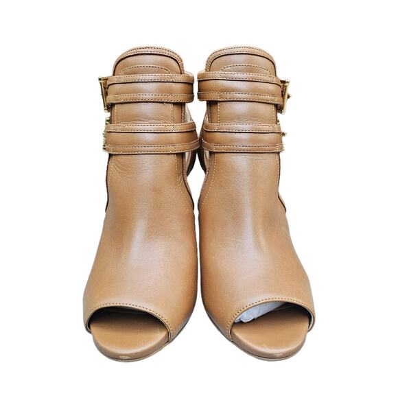 Stiletto Booties MMK Blaze Size 7 Tan Leather Gold MICHAEL KORS Buckle Heel Open - Picture 2 of 13